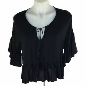 Maven West Top Solid Black 3/4 Bell Sleeves Tassel